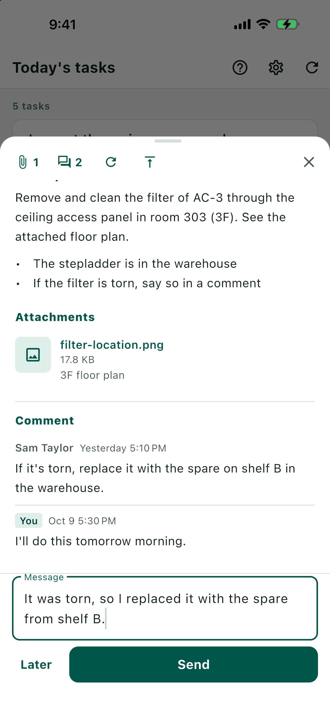 Writing a comment on a task