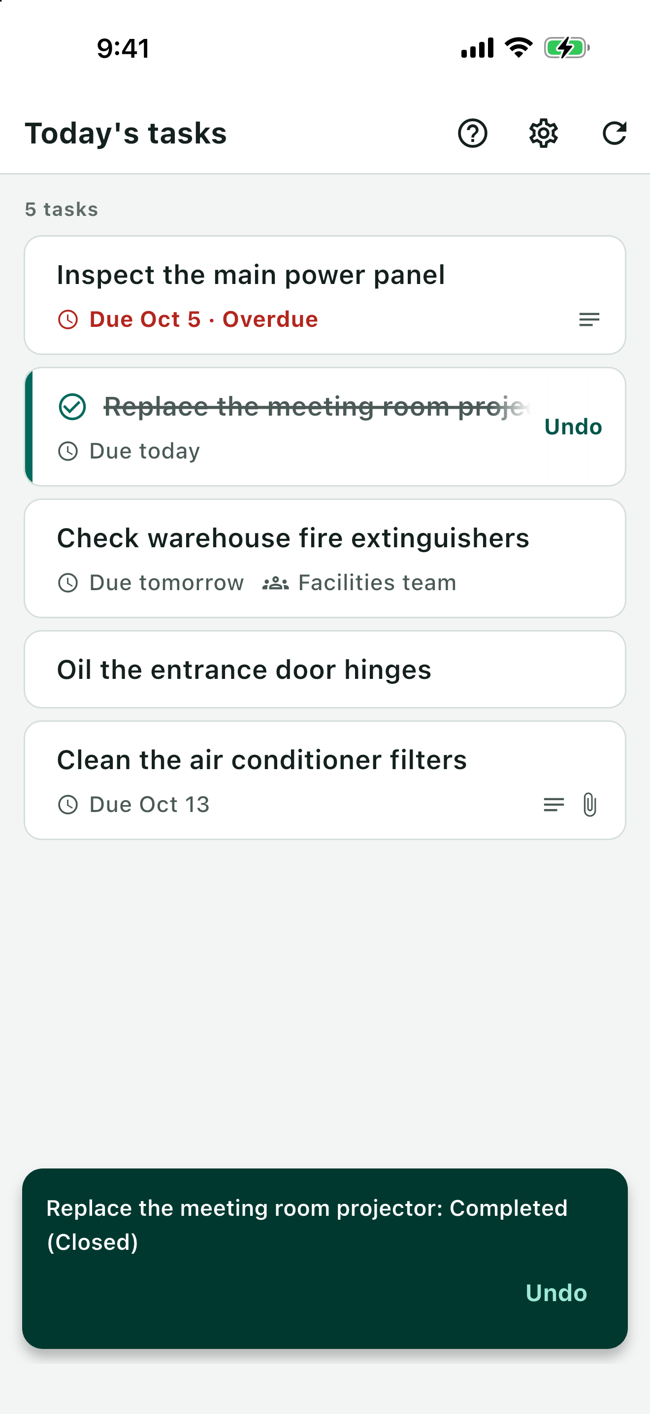 A completed task marked with a check and an Undo button.
