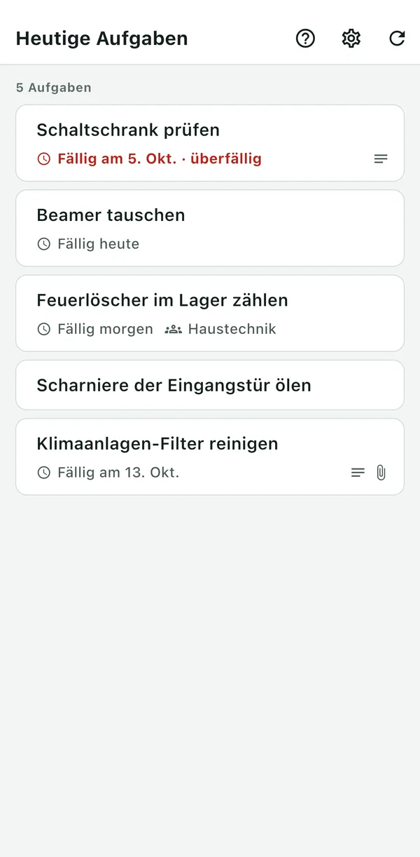 Zugewiesene Aufgaben mit Fälligkeiten und Gruppen.