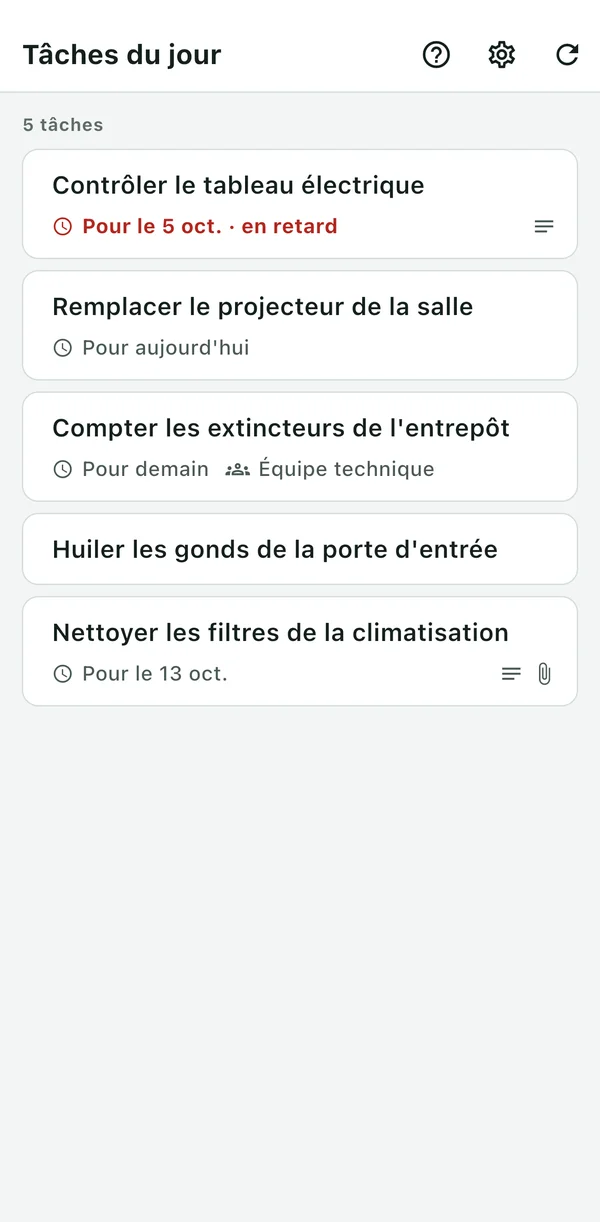 Liste des tâches attribuées avec leurs échéances et leurs groupes.